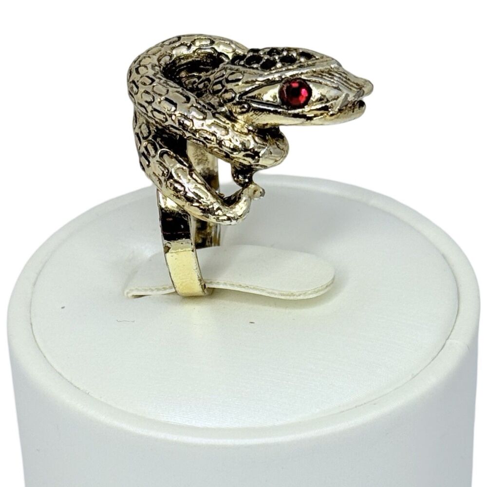 Snake Ring Sz 7 Silver Tone Adjustable Rock Punk Serpent Red Eyes
